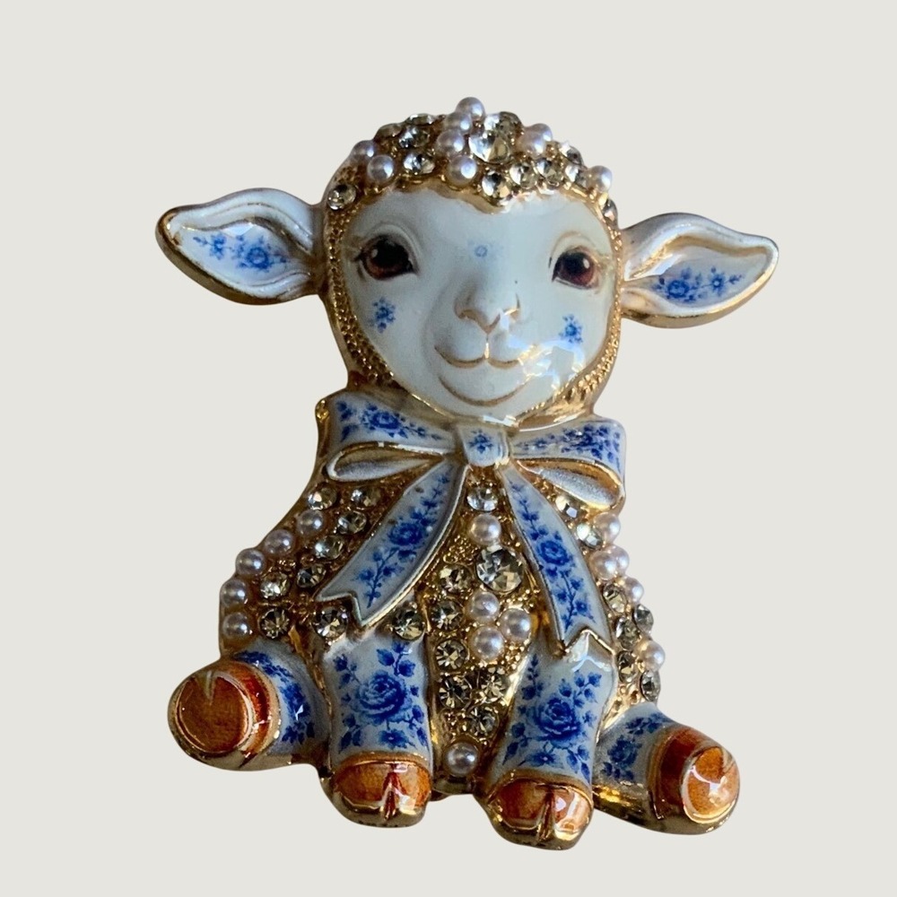 Vintage Style Lamb Sheep Brooch Blue Floral Enamel Pearl Crystal Gold Tone Pin